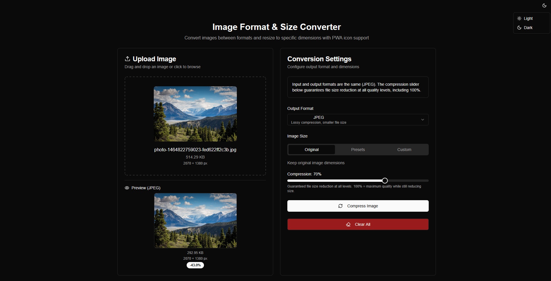 🔄 Image Format and Size Converter developed with Next.js, TypeScript, shadcn/ui, Tailwind CSS and with PWA support