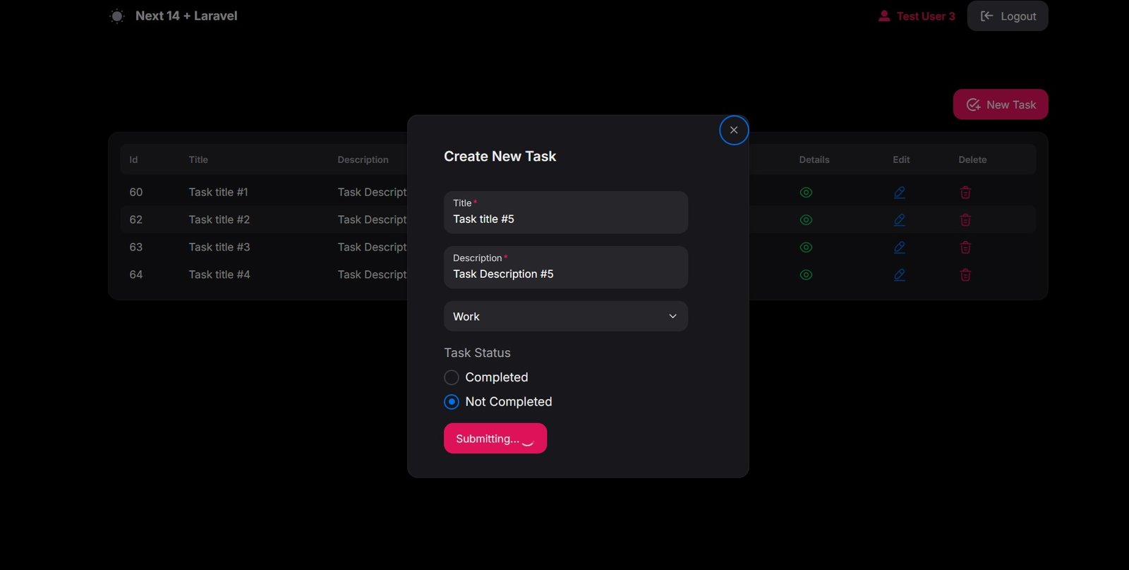 Next.js 14 and Laravel Tasks CRUD Dashboard app with Laravel Sanctum auth , NextUI, Zod, Formik, Tailwind and TypeScript 🤗